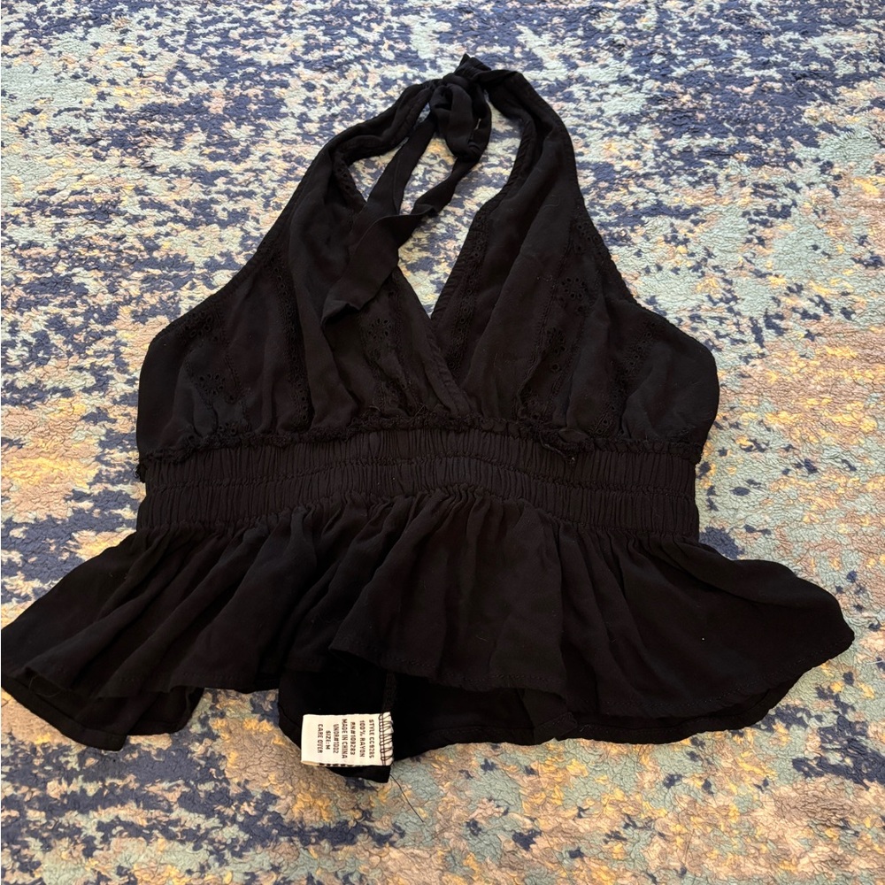 Black Halter Top with Ruffle Hem